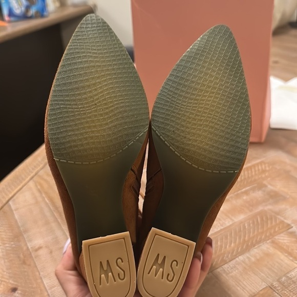 NEW Cognac Brown Suede Leather Ankle Boot Bootie with Asymmetric Block Heel - Picture 6 of 7